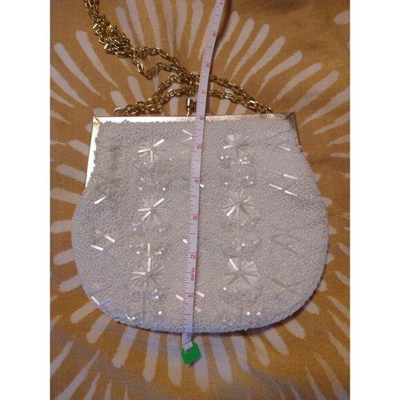 Vintage White Beaded Bridal Purse Bag Gold Tone Hardware - Picture 9 of 9